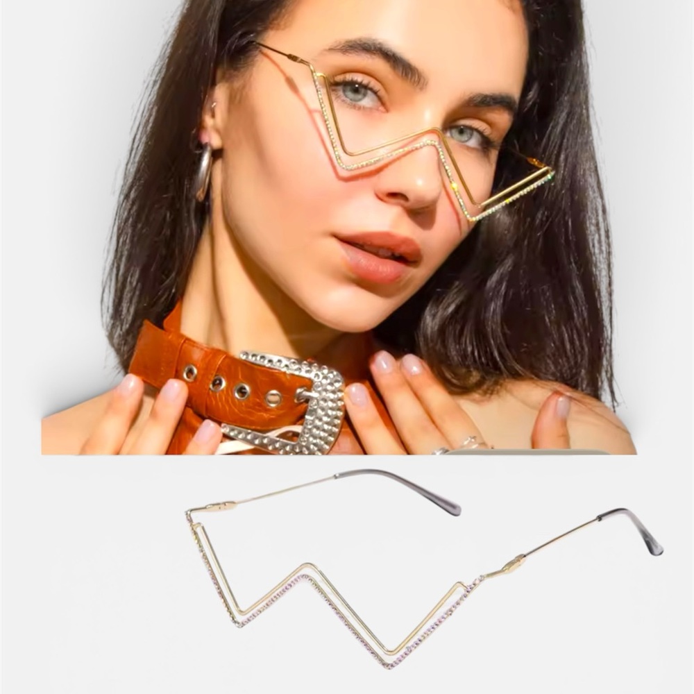 Rhinestone Zigzag Gold Frame Fashion Sunglasses - Women Accessories